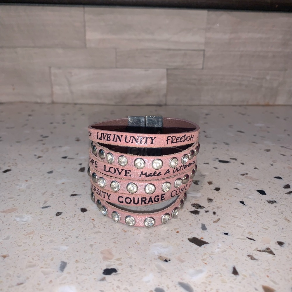Pink Sparkle Leather Bracelet Magnetic Clasp Good Vibes